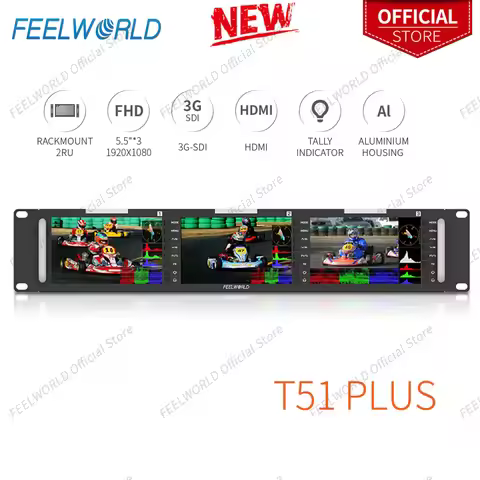 FEELWORLD T51 PLUS Triple 5.5" 2RU Rackmount Monitor Full HD 3G-SDI 4KHDMI, Rack Mount Monitor IPS w