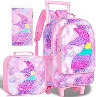 3PCS Kids Rolling Backpack for Girls, Mermaid Roller Wheeled Bookbag Toddler Elementary School Bag with Wheels - Pink, Fish Purple