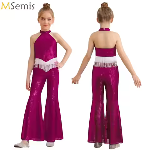 Shiny Halloween Hippie Costume for Kids Girls Sequins Tassels Disco Outfit 70s 80s Prom Crop Top+Pan