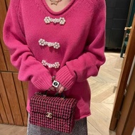 CHANEL 桃紅拼黑色格紋毛呢編織手提肩背豆腐包 19*13*8 99新配件塵袋