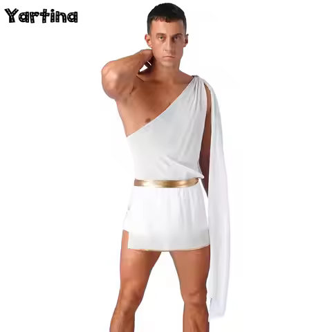 Mens Ancient Greek God Toga Gladiator Party Cosplay Costume Roman Classic Tago Robe One Shoulder Sho