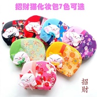 日本招財貓造型手包和風布藝可愛半圓海綿拉鏈女士錢包卡片化妝包