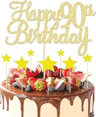 Pack of 8 Golden Cake Decorations 90th Birthday, 1 Happy 90th Birthday Cake Topper and 7 Star Cake T
