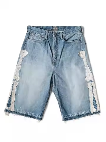 Shorts Embroidered Bone Retro Denim Shorts Y2k Casual Embroidered Bone Denim Shorts