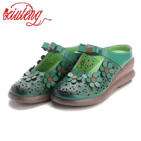 Xiuteng Spring Handmade Cow Leather Women's Shoes Wedges Ethnic Style Flower Hollow Female Slippers 