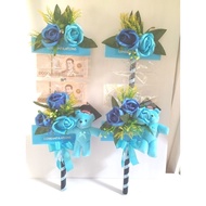 Congratulation Label Decorate Flowers And Teddy Bear With 2 Banknotes (Blue Tones)