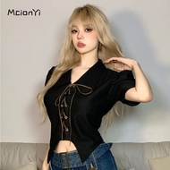 McionYi Women's 2024 Large Size Summer Korean Sexy Slim Lace-Up Short Sleeve T-Shirt