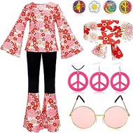 Jiuguva 17Pcs 60s 70s Outfits for Women Hippie Costume Set Disco Outfit Dress Boho Flared Pants Hipp