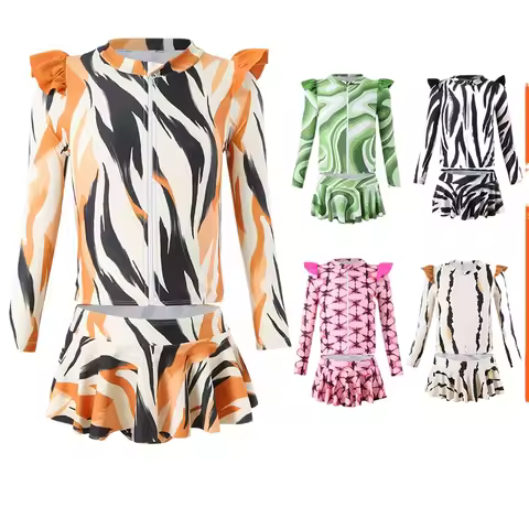 New Mermaid Girl Swimsuit Teenage Girls Long-sleeve Two-piece Swimwear with Ruffle Shoulder Children