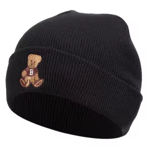 little bear knitted hat, bean hat, outdoor winter hat embroidered ski hat