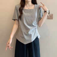 Plus Size Women's Summer Pleated Square Neck T-shirt - 92% Cotton 8% Spandex
