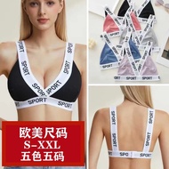 SheinTK Letter With Deep V Sports Bra Without Chest Pad Triangle Cup Bra FO6M