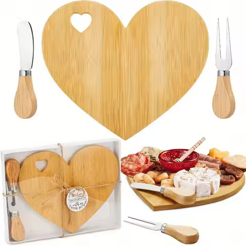1 Set Favor Heart Cheese Board - Mini Charcuterie Board with Wooden Cheese Knives, Perfect for Brida