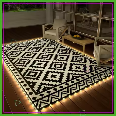 5'x8' Outdoor Rug with LED Strip Lights, Reversible Plastic Straw Mat, Waterproof Patio Carpet for R