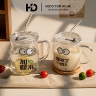 550ML TRANSPARENT EYES GLASS CUP with lid, Glass cup with straw