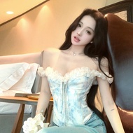 French Romantic High-End Lace Trim Fishbone Print Wrap Chest Slimming Top Backless Style Versatile F