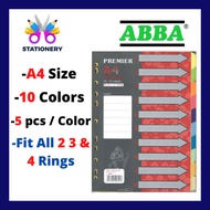 ABBA A4 10 Colour Index Divider / Paper Organizer /Paper Organiser / Colour A4 Index Divider