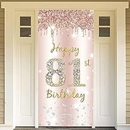 81st Birthday Decoration Women, Happy 81st Birthday Door Banner Rose Gold, 81st Birthday Fabric Sign