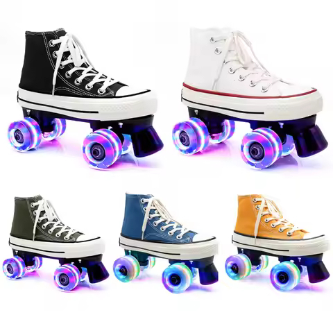 Unisex Canvas Quad Roller Skates, 4 Wheels Roller Skate Shoes, Adult Kid Patins, Flashing or Unflash