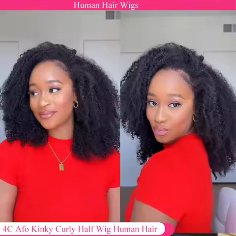 Afro Kinky Curly Half Wig With Drawstring Flip Over Install Glueless Wig Ready to Wear Half Wig Draw