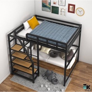 Nordic Metal Loft Bed Frame Double Decker Elevated Single Double Bed Space Saving Katil Besi Loteng 