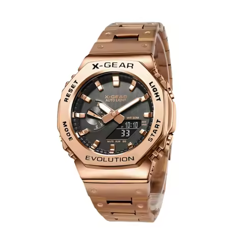 shock resistance Unisex Digital 2100 Watch Steel Strap Folding Buckle LED Dual Display Auto Hand Lif