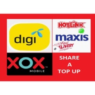 Share a top up via mobile number Maxis Digi XOX