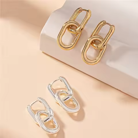 Retro Stainless Steel Square Earrings for Women Double Loop Design Drop Earrings Gold Silver Color G