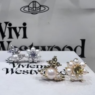 2026 Fashion Sports Korean Version West Queen Inlaid Small Pearl Sunflower Asymmetric AB Saturn Earr