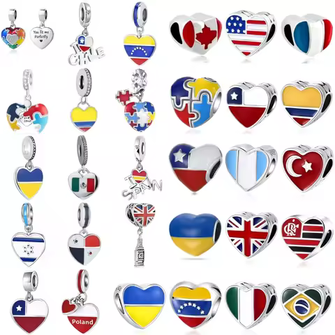 National Flag Heart Dangle Charms Beads Country Flag Heart Pendant Large Hole Beads Fit DIY Travel S
