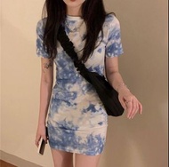 韓系 渲染 藍色 白色 緊身裙 連身裙 包臀裙長裙 洋裝 短袖 衣服