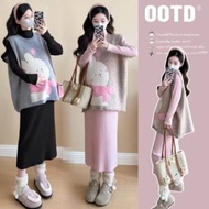 Set váy bầu chất len thừng gồm 1 áo gile len mongtoghi + 1 váy body dáng maxi - Đầm bầu dài tay fre