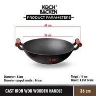 READY KOCH&BACKEN Cast Iron Wok Flat Bottom With Wooden Handle and Lid - Wajan Penggorengan Panci Be