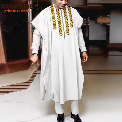 African Suits for Men Embroidery Agbada Robe Shirts and Pants Set Formal Outfits for Wedding Zip Jac