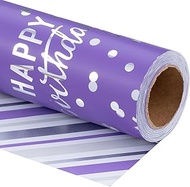 LeZakaa Reversible Purple Birthday Wrapping Paper Roll for Girls Women, Happy Birthday Lettering & S