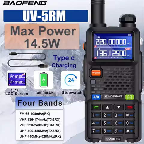 UV-5RM 3800mAh Battery USB-C 10W Baofeng Walkie Talkie FM Four Band Wirless Copy Frequency 999CH AM 