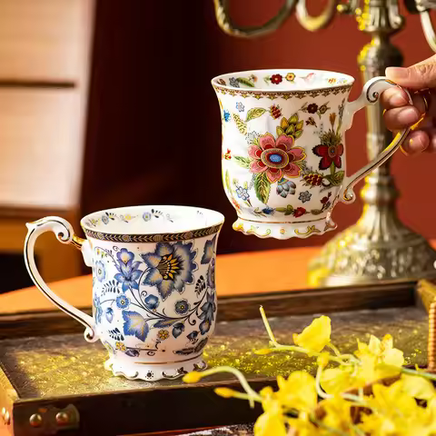 French Blue and White Porcelain Coffee Mug Ceramic Water Cup Home Breakfast Oatmeal Mug English Afte