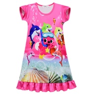 Baby Shark Girls Short Sleeve A-Line ruffled pajama Dress 2022 Cartoon Printed Dress 3109 Kids Clothing Summer Casual Hem Swing Nightdress