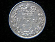 英國銀幣-1872年英國(United Kingdom)大皇冠英女皇維多利亞少女像3便士(Three Silver Pence)銀幣
