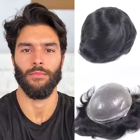 0.08-0.10MM Full Skin PU Toupee For Men V Loop Human Hair Men's Wigs #1B Men Capillary Prosthesis Ha