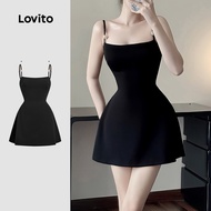 Lovito Casual Dress Metal Buckle Adjustable Shoulder Strap Retro Spring/Summer Black Dress for Women
