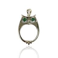 Victorian Style Owl &amp; Emerald Magnifying Glass Loop Pendant 925 Sterling Silver