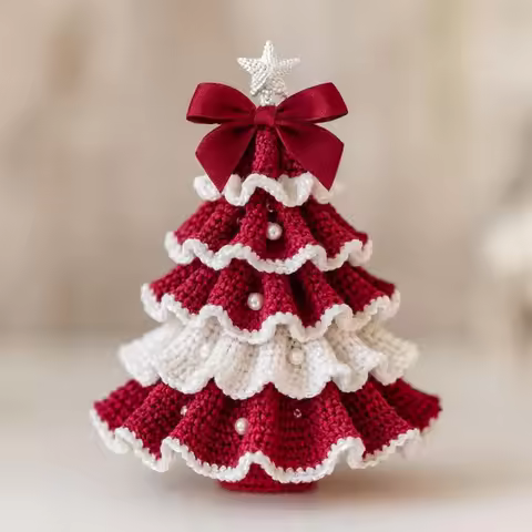 Crochet Christmas Tree Kit DIY with Bow Faux Pearl Decor Holiday Craft Starter Set Handmade Crochet 