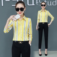 🍄Ready Stock⚡Shirt Women Long Sleeve Spring Striped Slim Blouse Labuh Murah Korean Style Plus Size Blause Wanita Baju Kemeja Perempuan