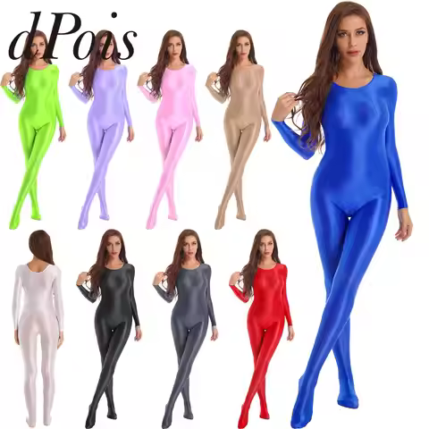 Women's Gymnastics Jumpsuits Glossy Lingerie Long Sleeve Bodystocking Nightwear Woman Bodysuit for Y
