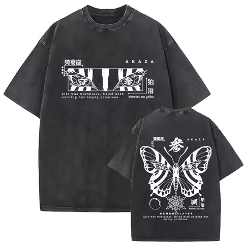 Washed Vintage Anime Demon Slayer Akaza Butterfly Eyes Graphic T Shirts Men Women Cartoon Manga Merc