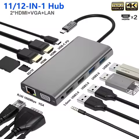 USB C Hub Triple Display Dual Monitor Adapter Laptop Hub USB C to 2 HDMI 4K VGA Ethernet 100W PD 4US