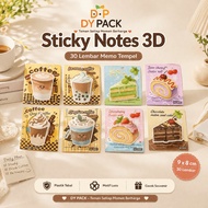 DY PACK Sticky 3DNotes 30 Sheets Memo Stick Aesthetic Kawaii Coffee Cake Animal Motif 9x8 cm Post It