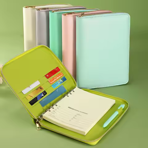 New A5 Quality Leather Cover with Zipper, 6-ring Replaceable Inner Binder, Organizer Business Journa