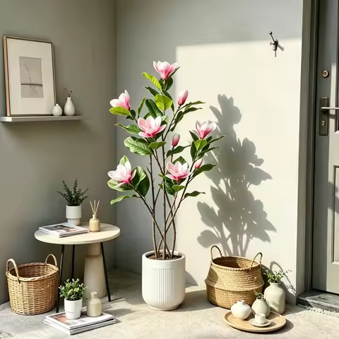 70-105cm Large Artificial Magnolia Trees Tall Fake Ficus Tree With Silk Flowers Plastic Rubber Tree 